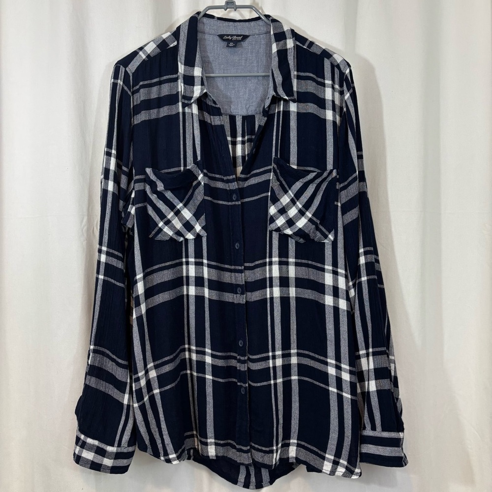 Lucky Brand Navy Blue and White Plaid Button Down Shirt